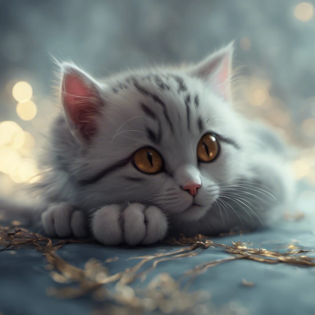 Cute Kitten Sleeping: Detailed Fantasy Art