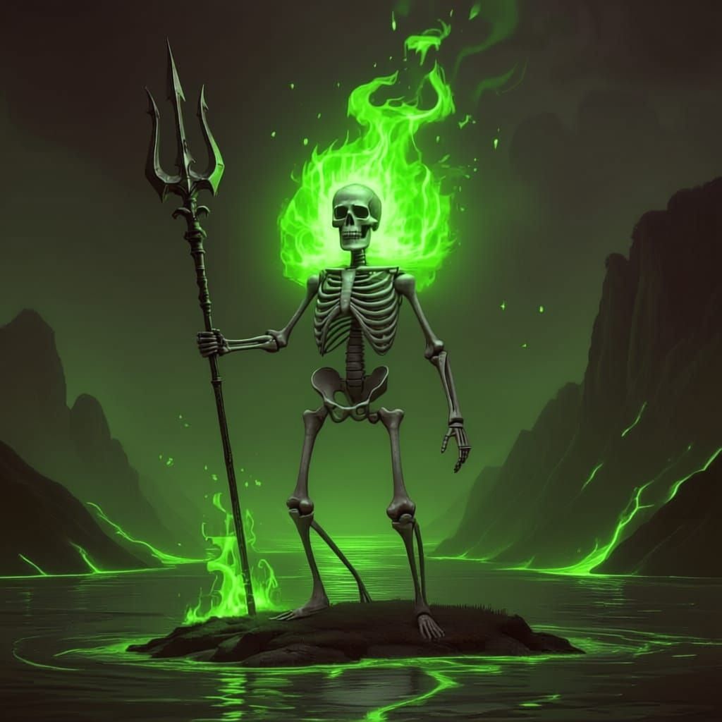 Skeleton with Green Fire Aura and Golden Trident on Island
