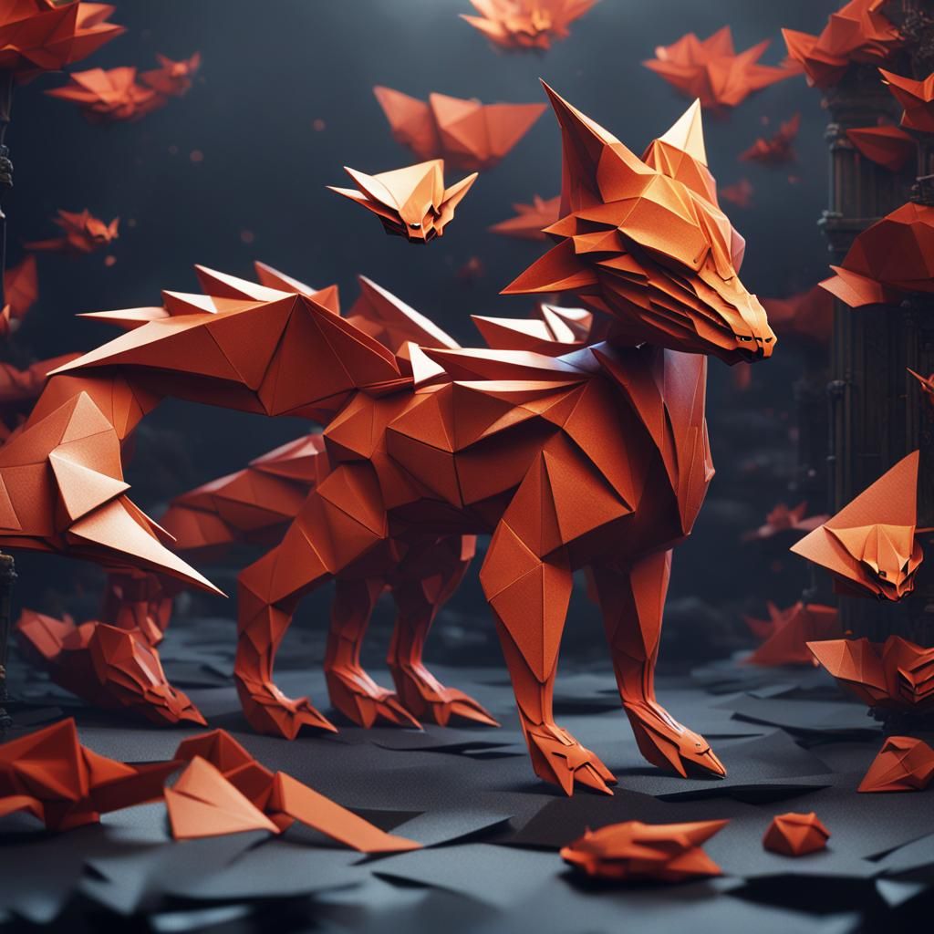 Detailed Origami Fox Dragon Matte Painting