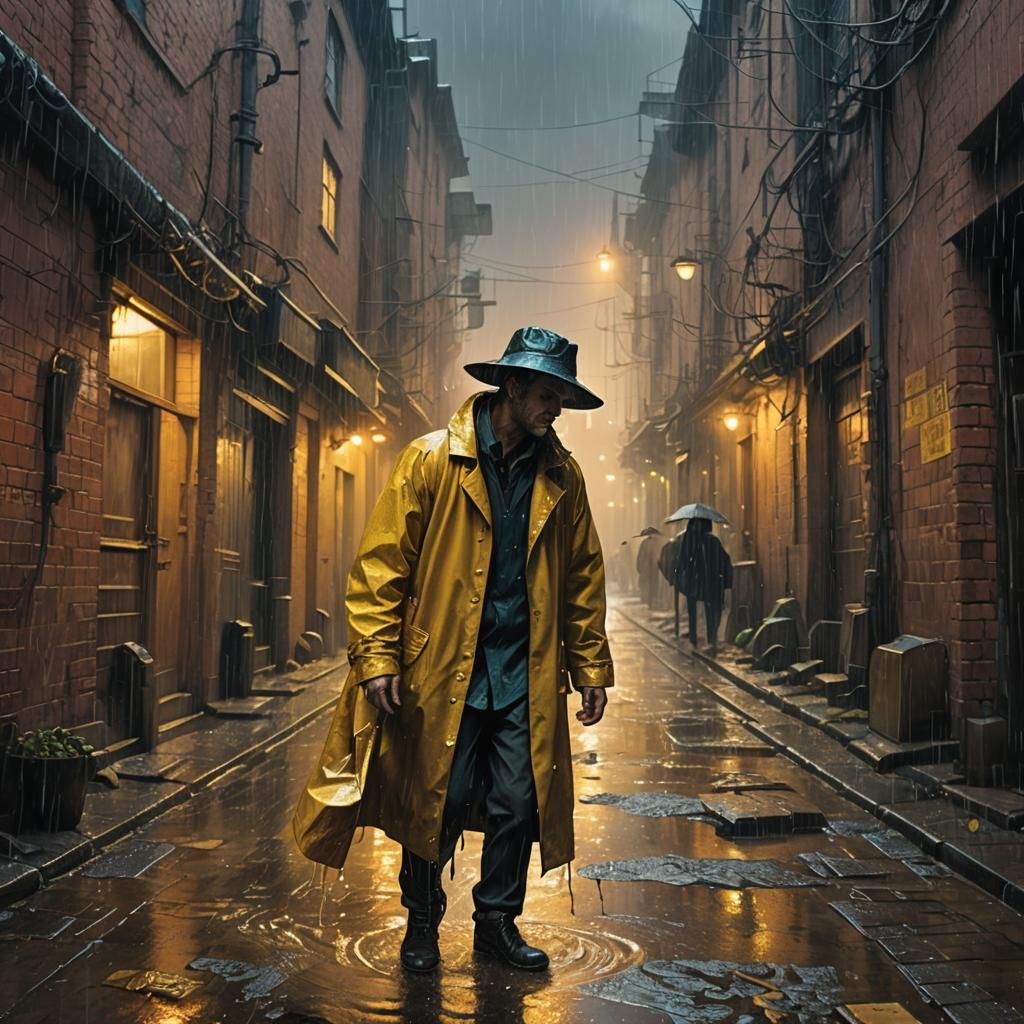 Man Collects Gold in Stormy Alleyway: Dark Surrealism