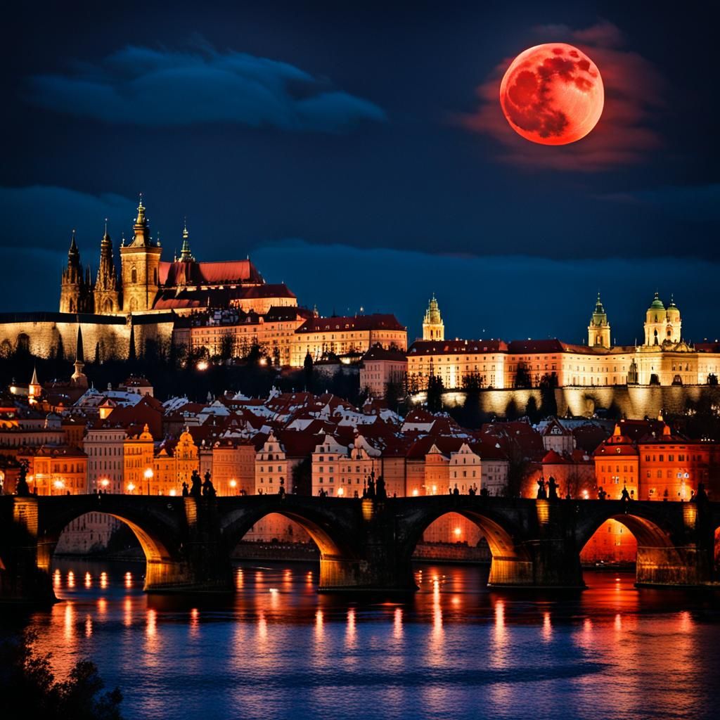 Prague Under Blood Moon: Ethereal Fantasy Scene