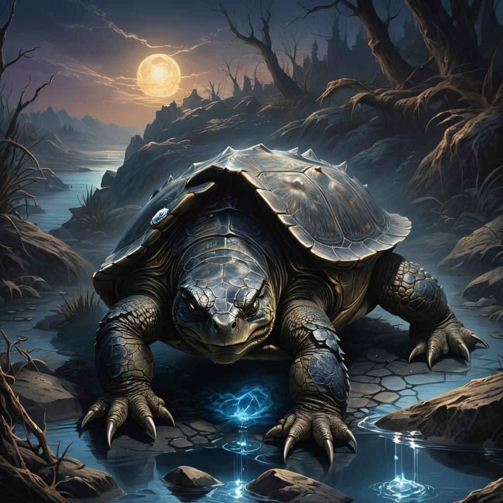 Fierce Snapping Turtle Emerges from Shadows: Dark Fantasy Ar...