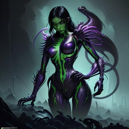 Shego as Xenomorph with Bladed Tail in Dark Fantasy Style