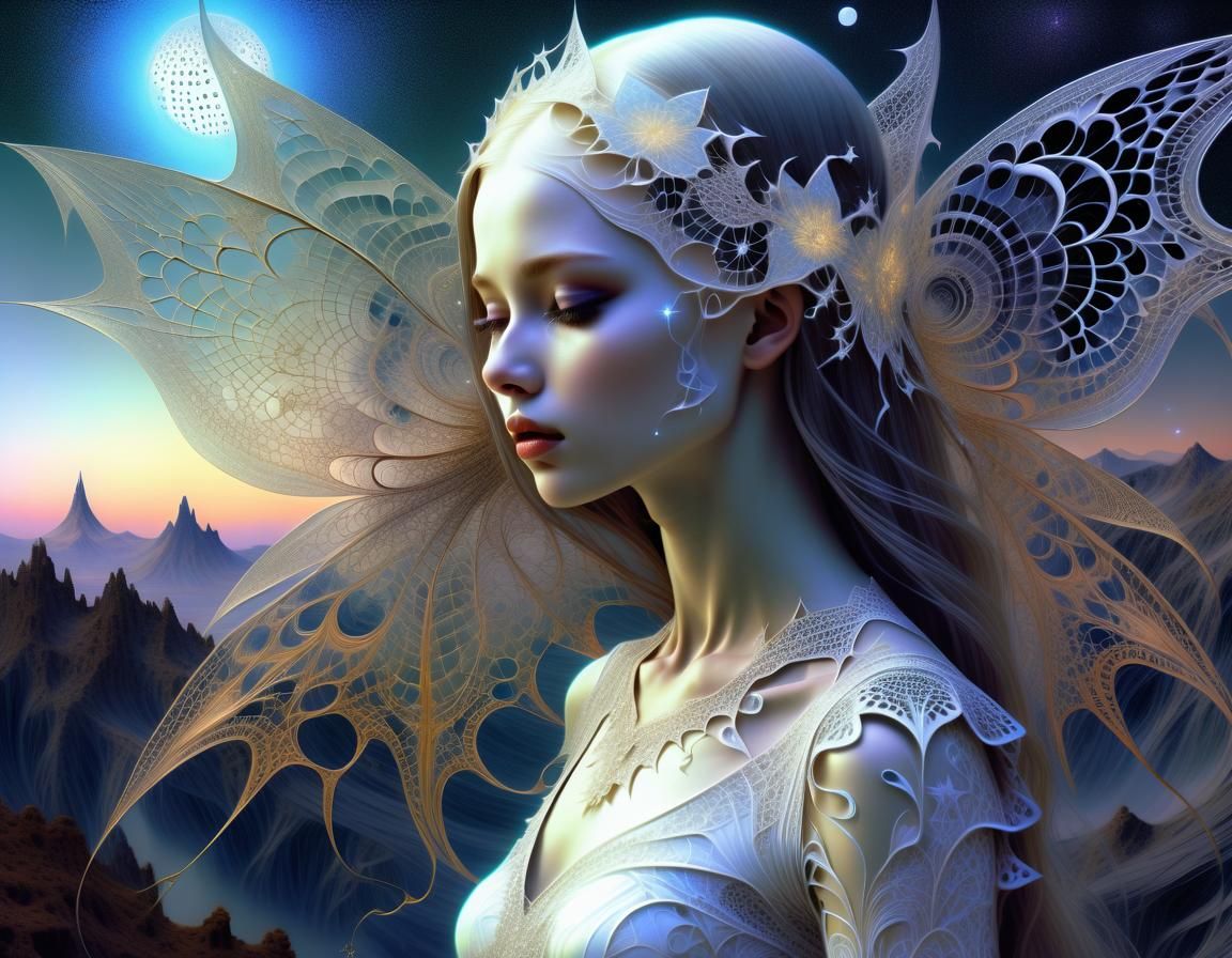 Surreal Dancer in Fractal Landscape, Art Nouveau Style