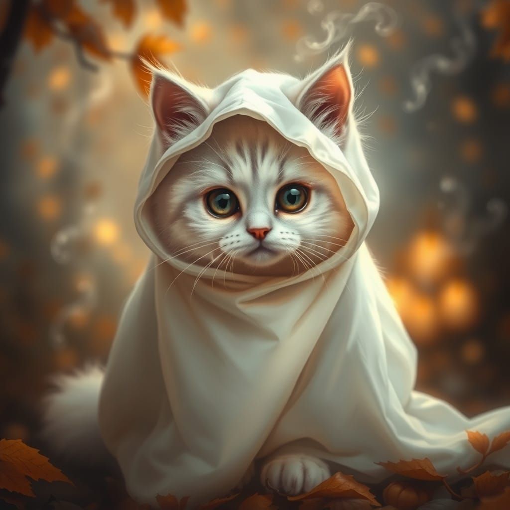 Fluffy Cat Ghost for Halloween in Luminous Painterly Style