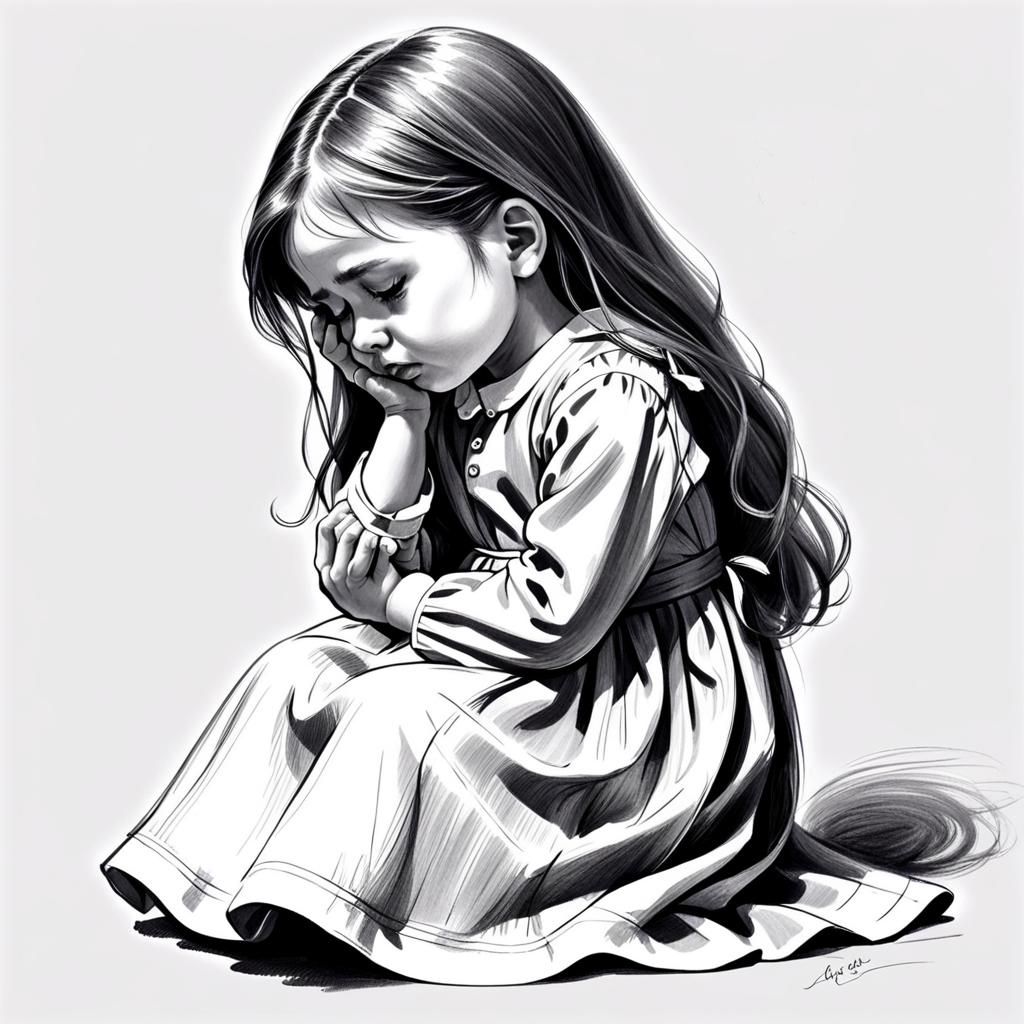 Monochrome Pencil Sketch of Sad Little Girl