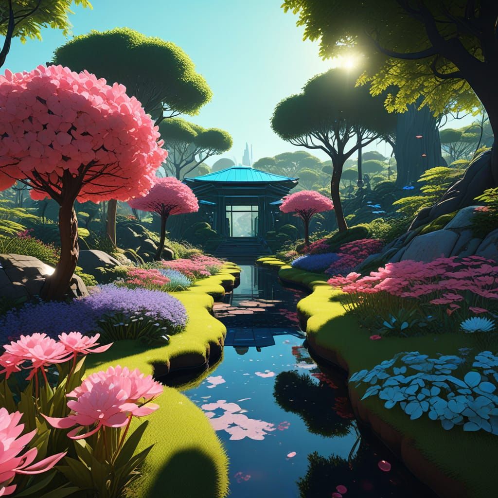 Surreal Futuristic Garden Blooms with Glowing Bioluminescent...