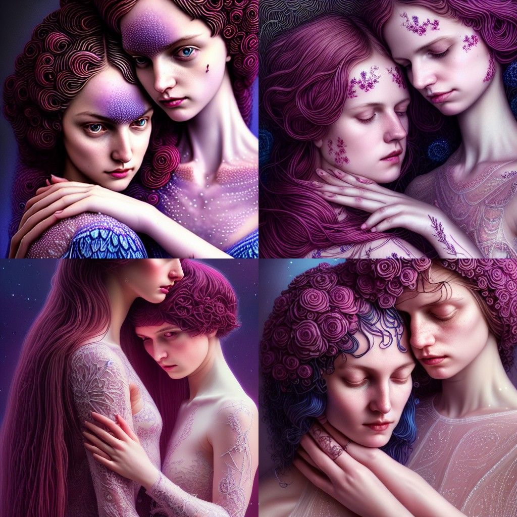 Intricate Lesbian Couple Embrace in Digital Illustration