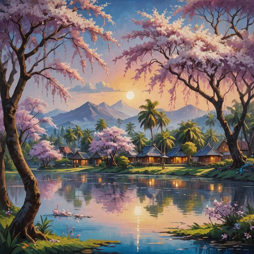 Fantasy Village Landscape with Cherry Blossoms in Digital Pa...