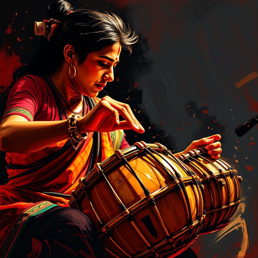 Dynamic Mridangam Performance Captured in Vibrant Digital Ar...