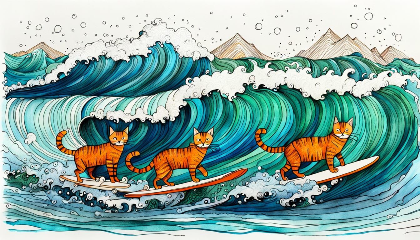 Whimsical Surrealist Cats Ride the Wave