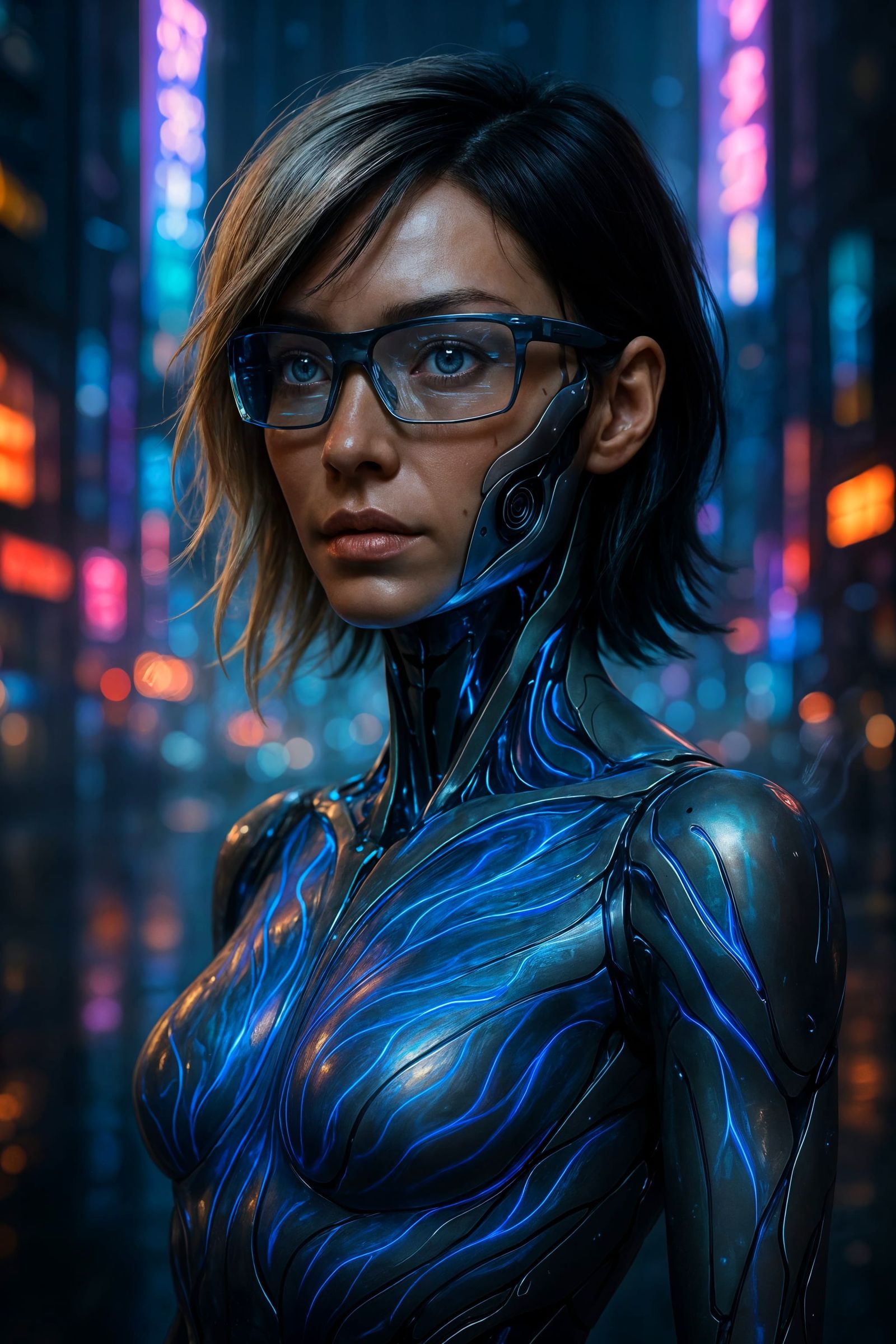 Futuristic Woman in Cyberpunk City, Ultra-Photorealistic