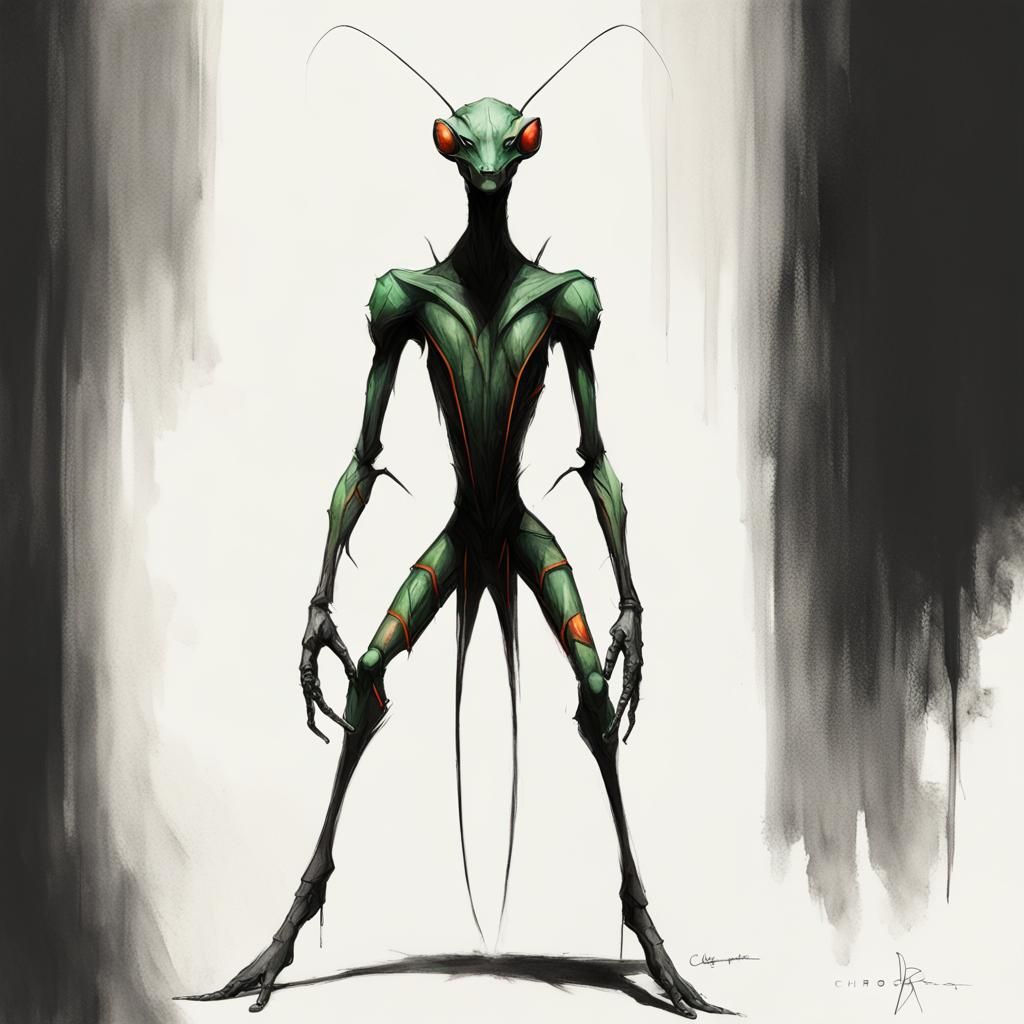 Menacing Praying Mantis Warrior in Ethereal Shadow