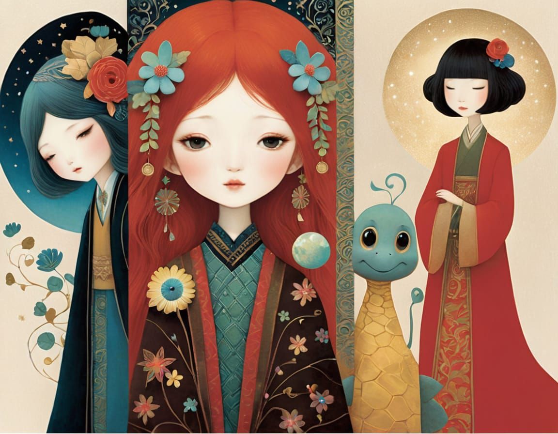 Singing Turtle in Whimsical Folk Art Style