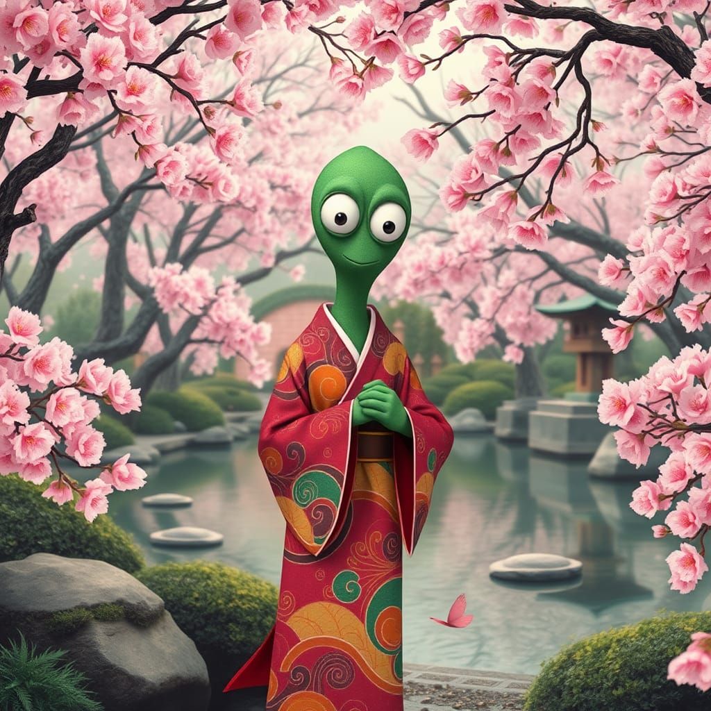 Gumby in Kimono in Japanese Garden