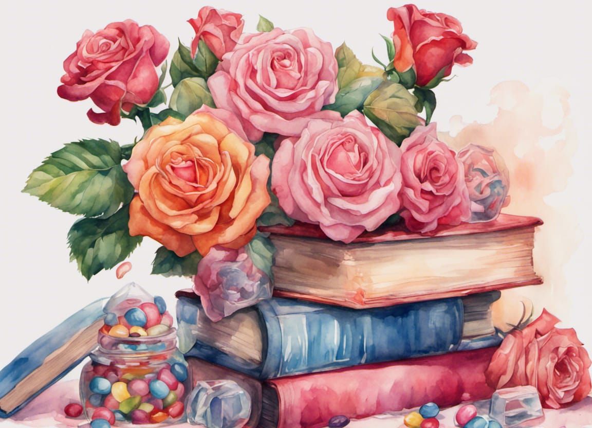 Vibrant Watercolor Still Life of Roses and Books in Whimsica...