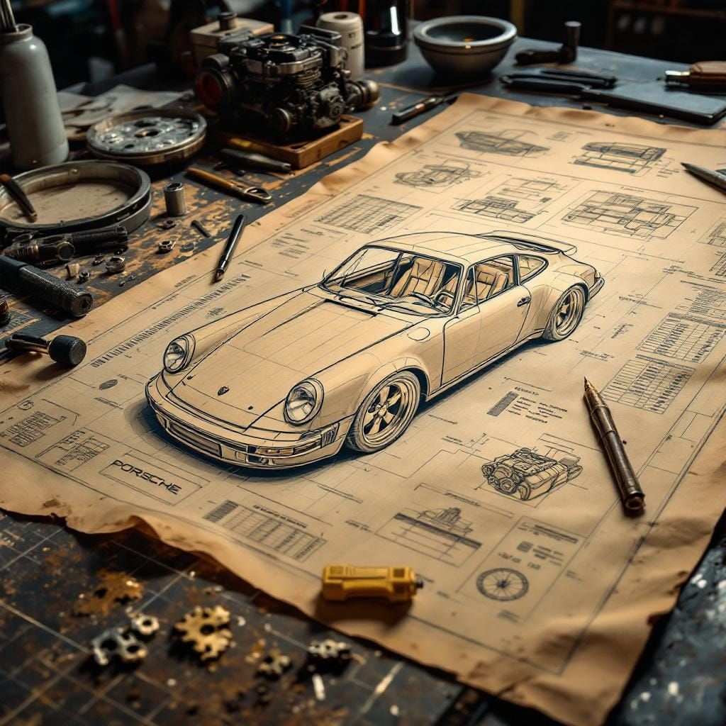 Detailed Blueprint of a Porsche 911 on Graph Paper