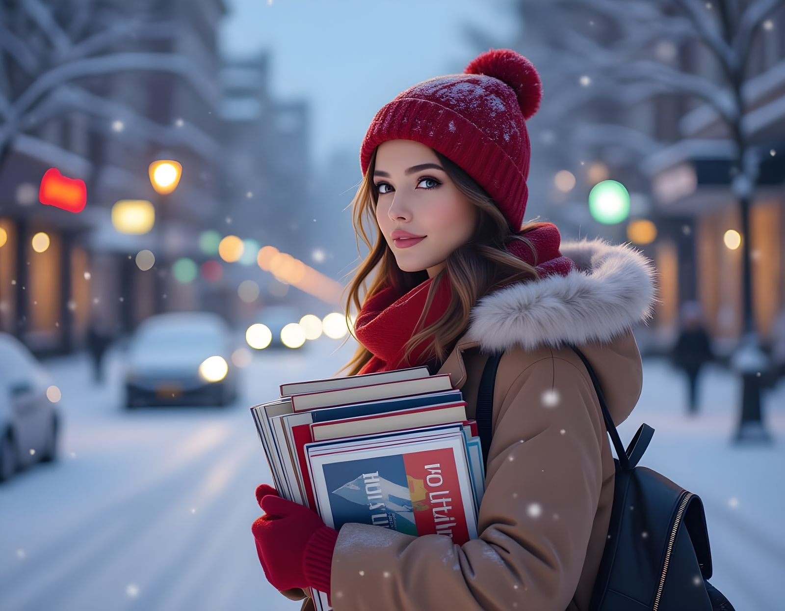 Young Woman Returns Home Through Snowy City Streets