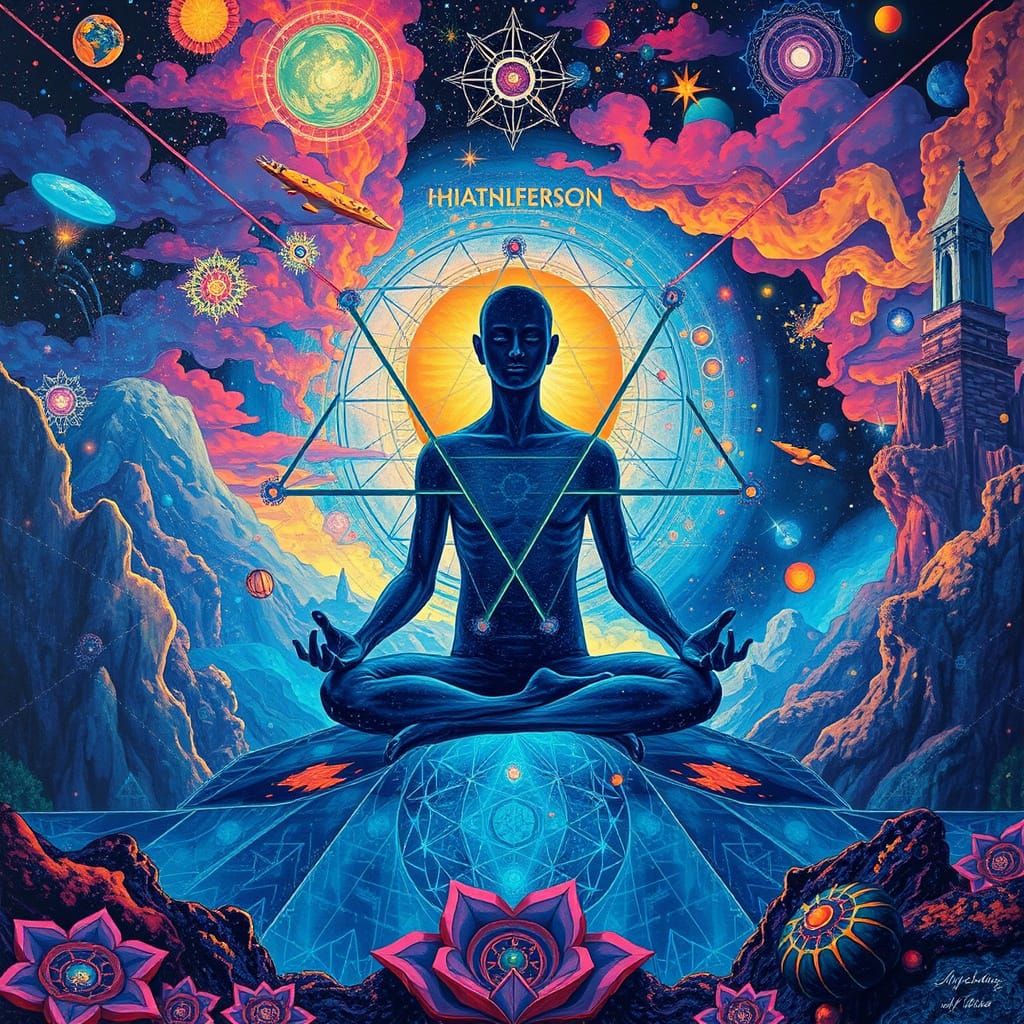 Meditative Figure in Glitching Psychedelic Landscape