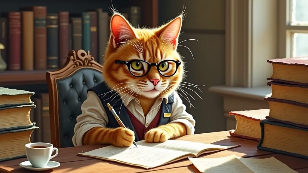 Cat Professor in Academic Study, Watercolor Style