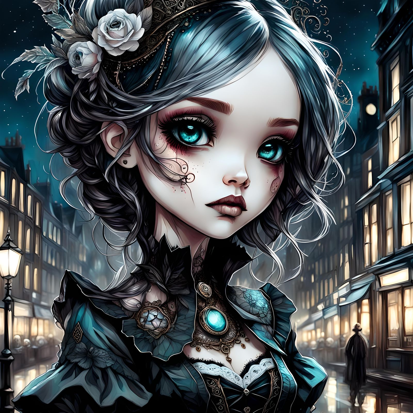 Chibi Gothic Victorian Girl in London Night