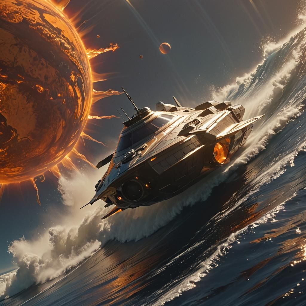 Spaceship Surfing Solar Flare: Cinematic Sci-Fi Art