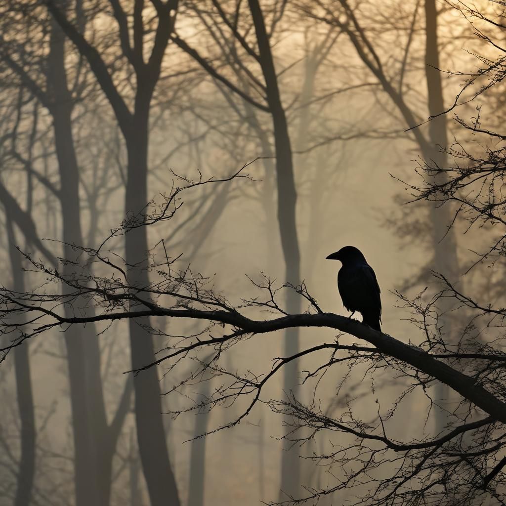 Crow Silhouette at Sunset in Misty Forest