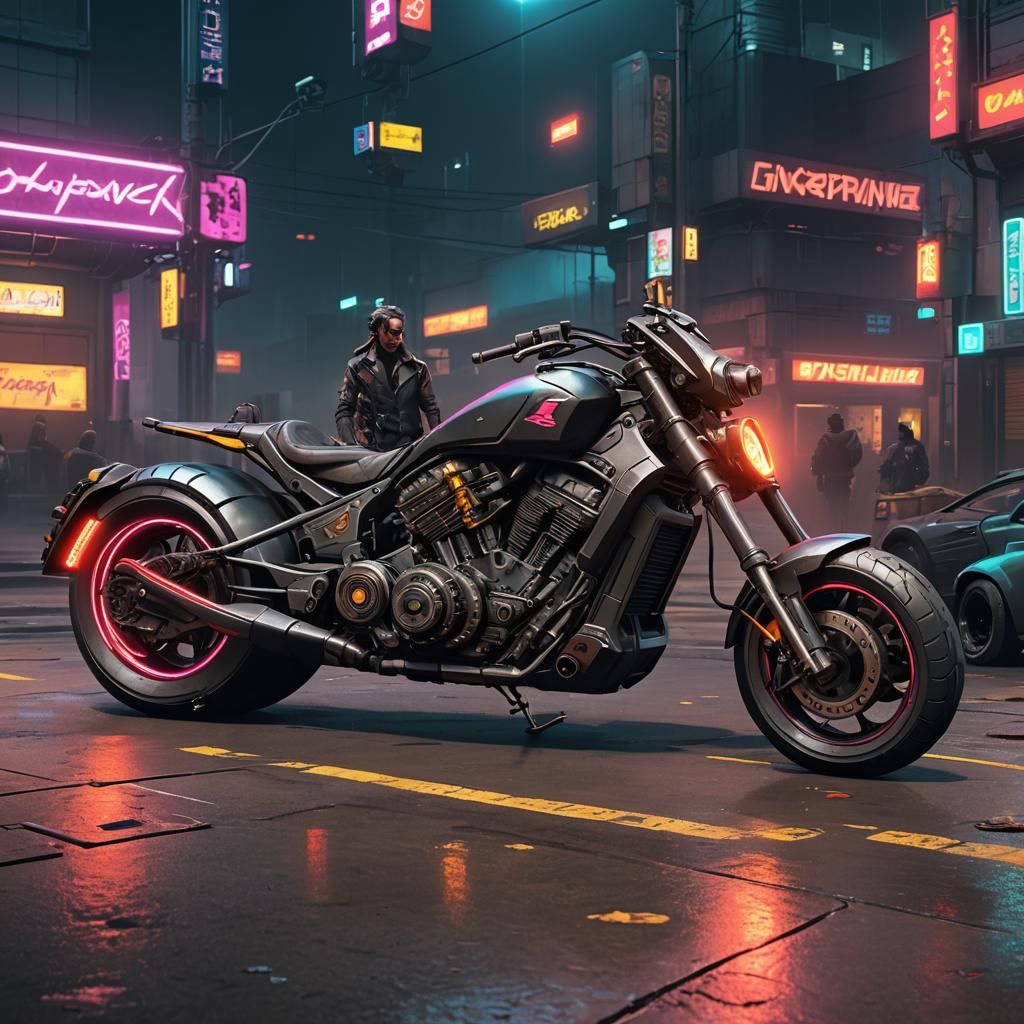 Cyberpunk Chopper Motorcycle in Neon Cityscape