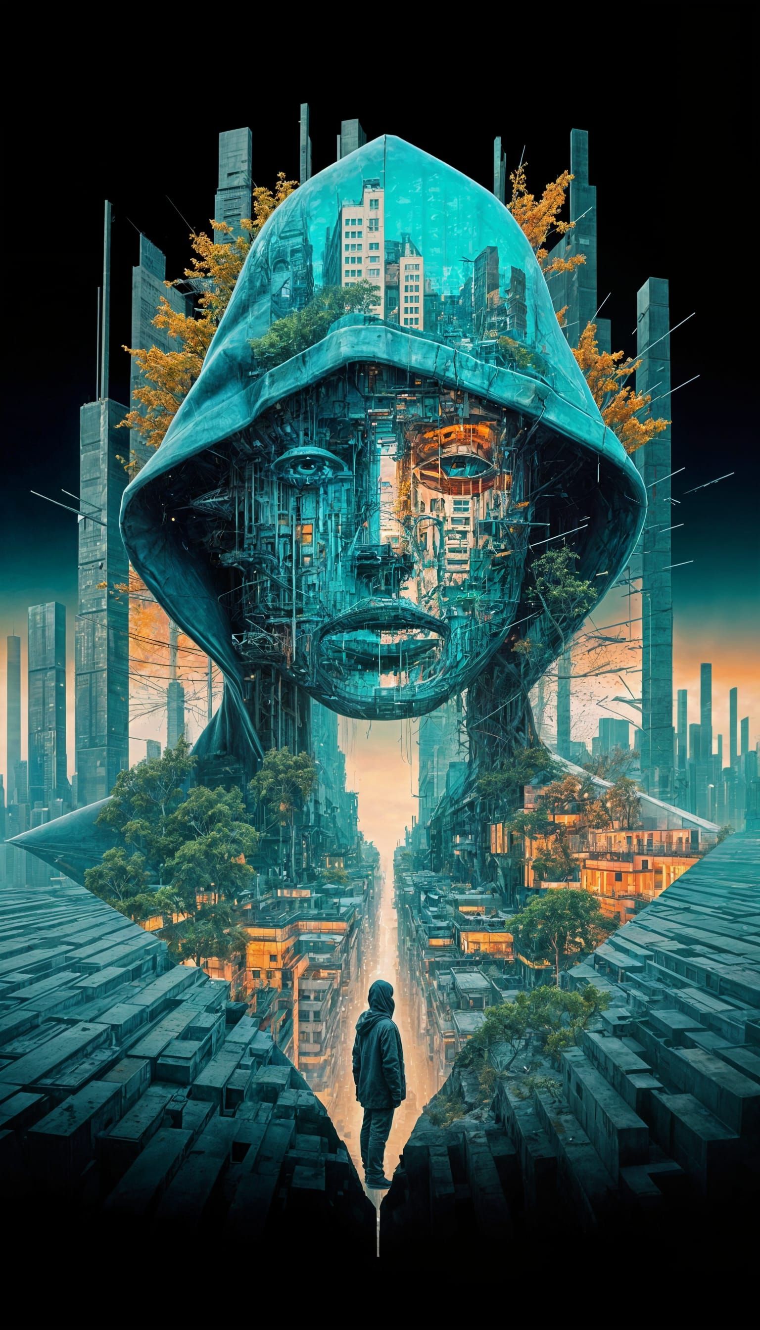 Hooded Figure in Cyberpunk Double Exposure