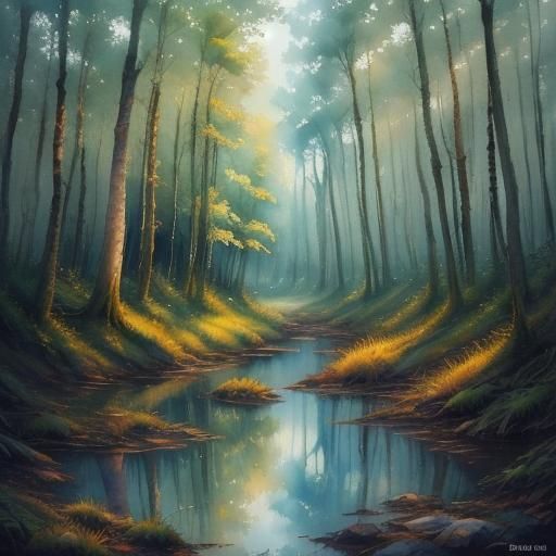 Watercolor Woodland Landscape with Reflections