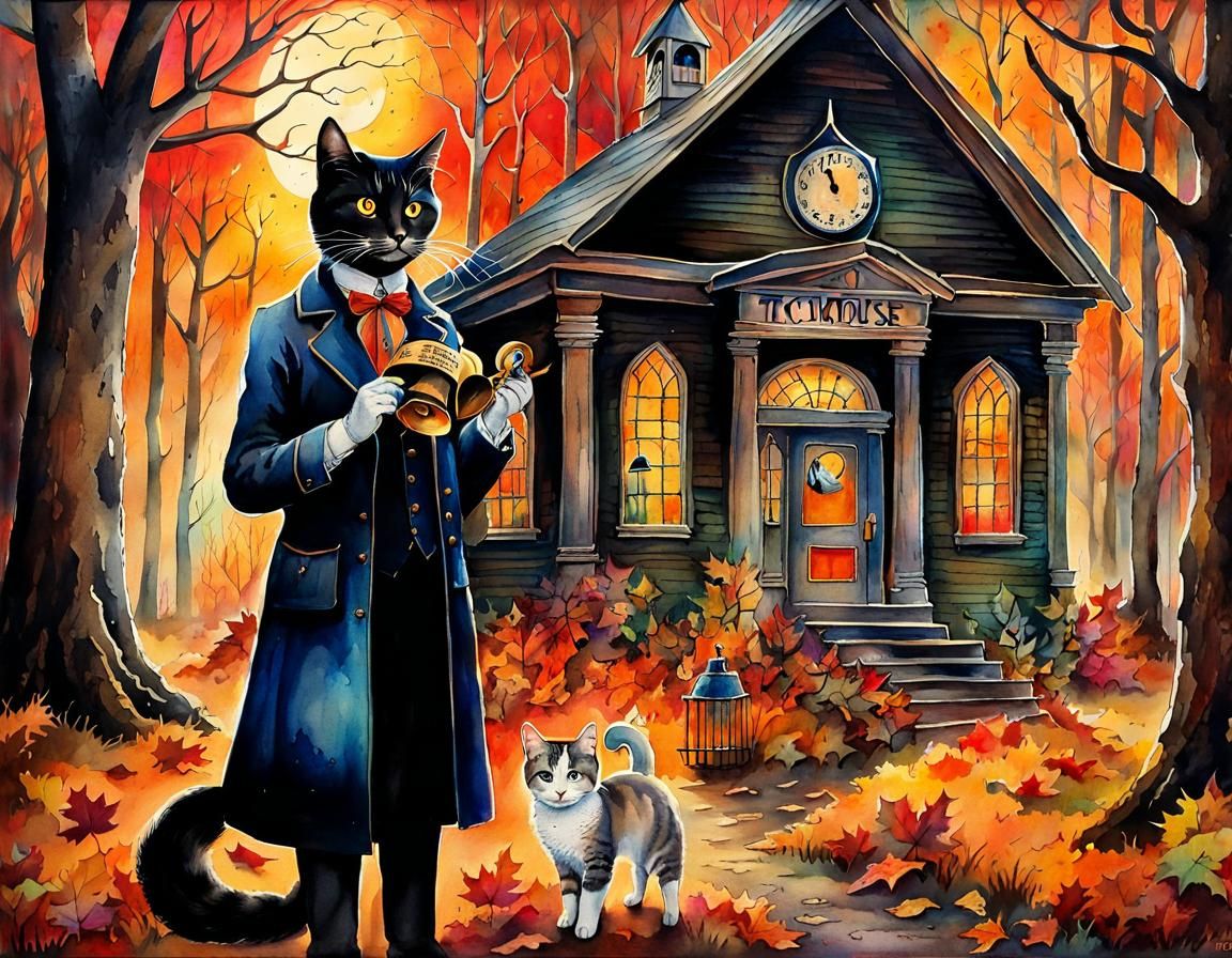 Creepy Vintage Schoolhouse With Cat Teacher Watercolor