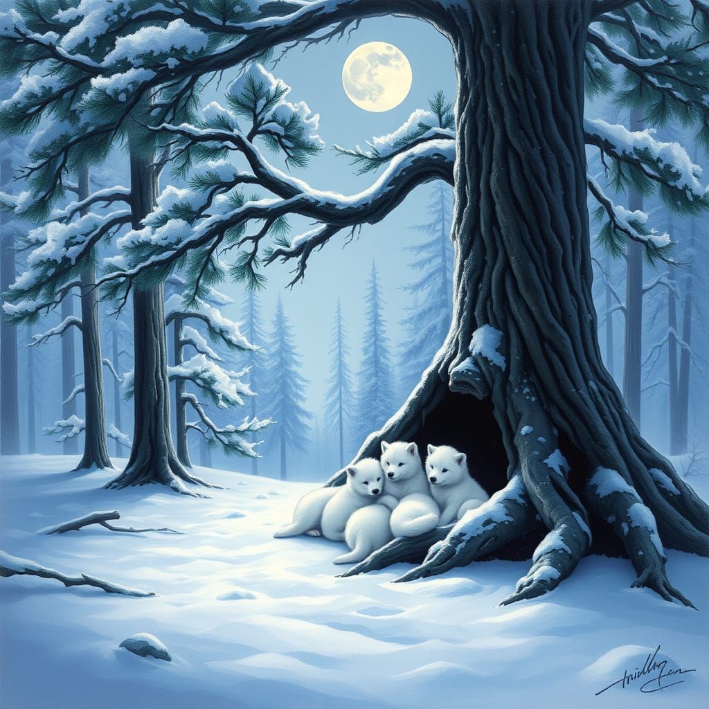 Winter Wonderland Scene with Direwolf Pups in an Impressioni...