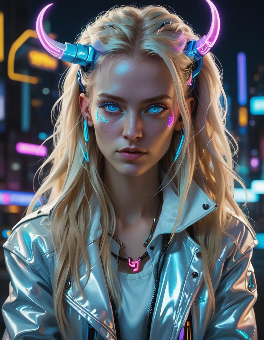 Glowing Neon Femme in Cyberpunk Cityscape