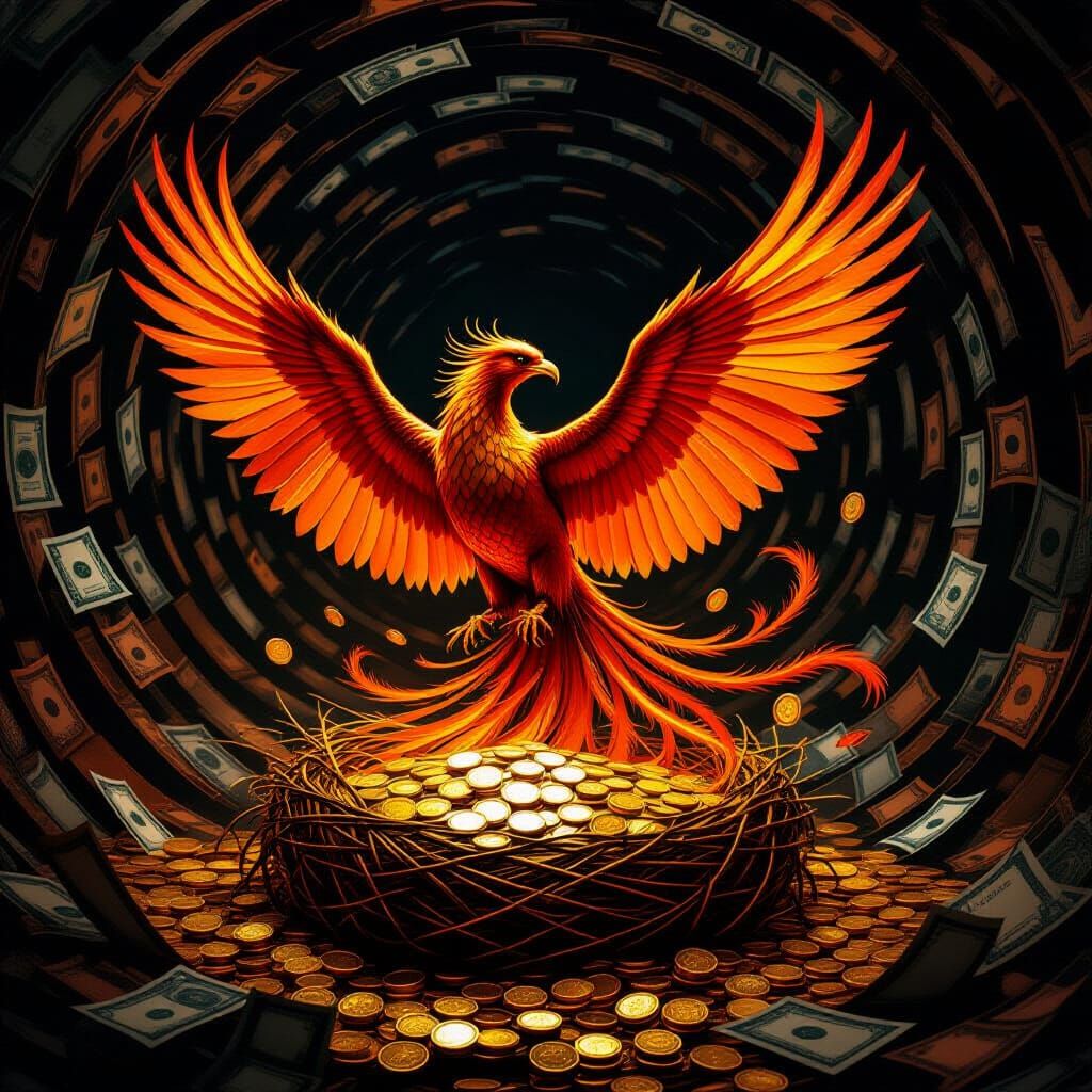 Phoenix Rises from Molten Gold in Dramatic Renaissance Style