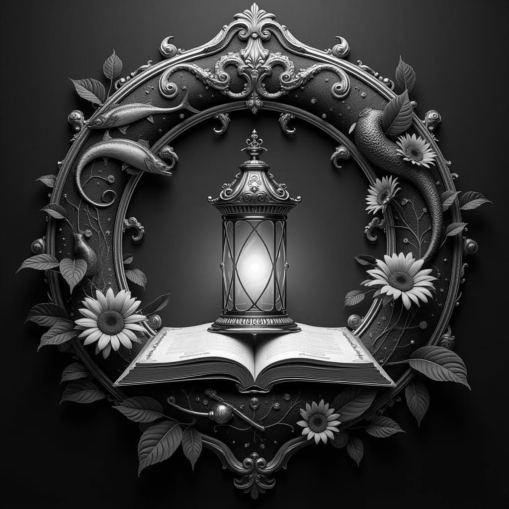 Monochrome Family Crest Merging Nature and Knowledge