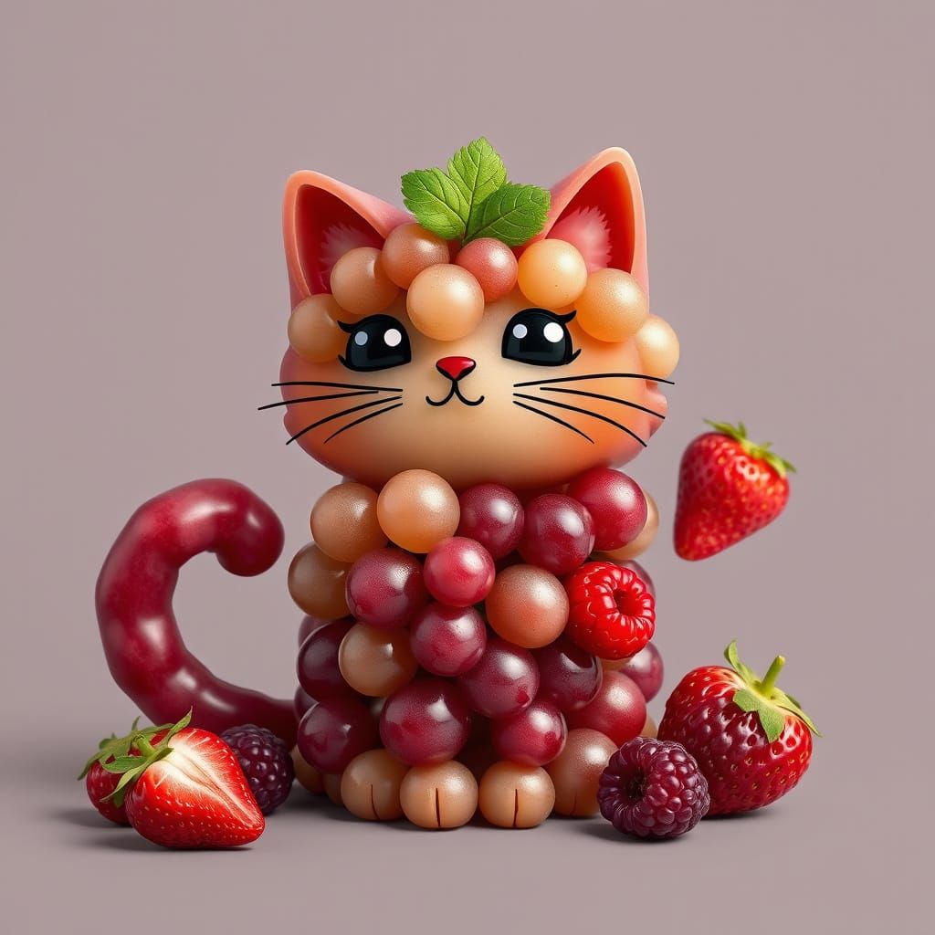 Fruitful Feline Delight in Whimsical Chibi Style