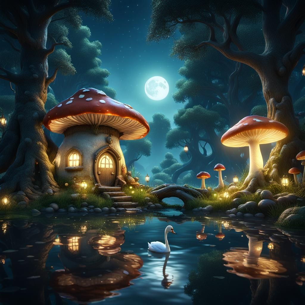 Fairy Elf in Mushroom House by Moonlit Lake