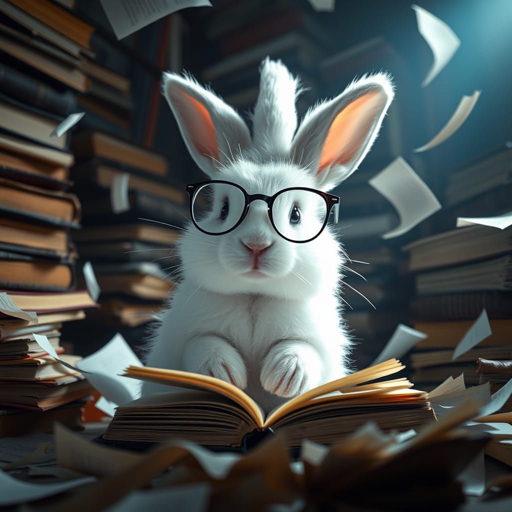 Whimsical Chibi Bunny in a Library of Dreams