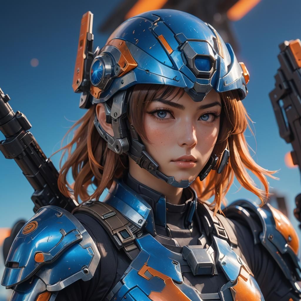 Anime Girl in Armor Holding Gun, 3D Render