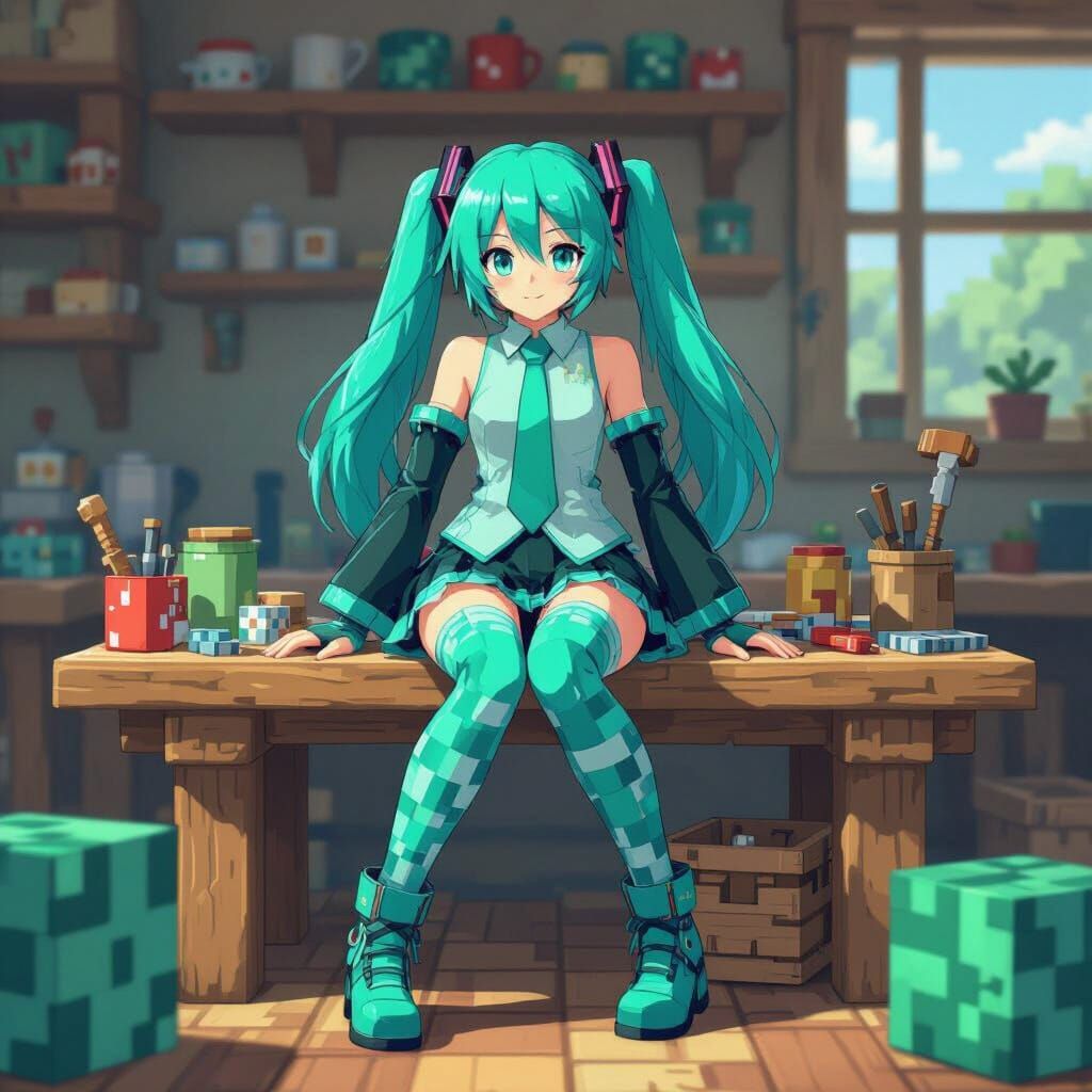 Hatsune Miku on Minecraft Crafting Table