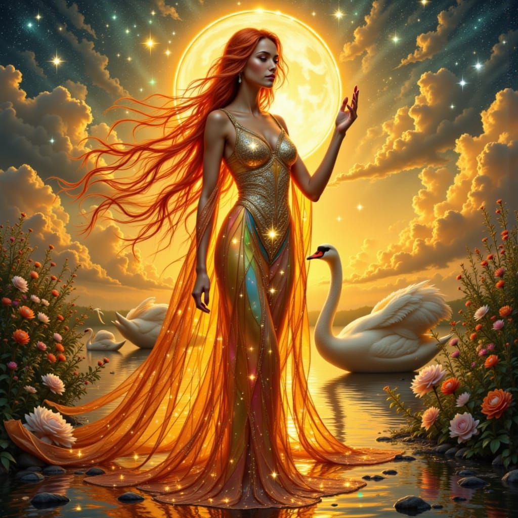 Swan Goddess in Golden Sunrise with Stained Glass Gown