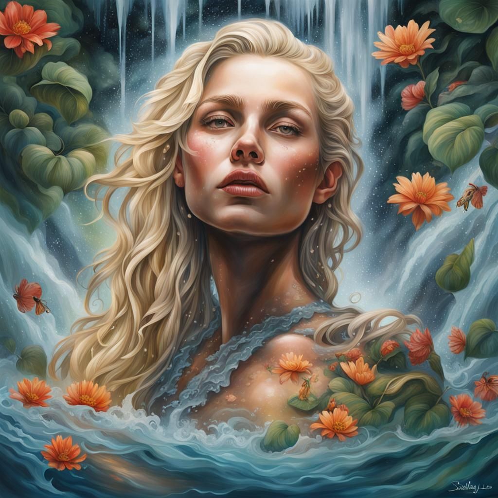 Tattooed Woman Portrait by Waterfall, Realistic Style