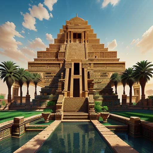 Concept art. Wide angle shot. Ancient city of Babylon with hanging gardens and ziggurat. Wide angle shot. Warm and vibra...