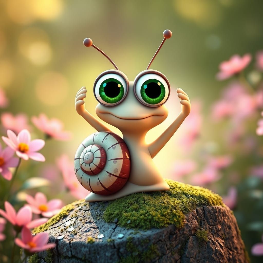 Cartoon Snail in Lush Garden, Pixar-Disney Style