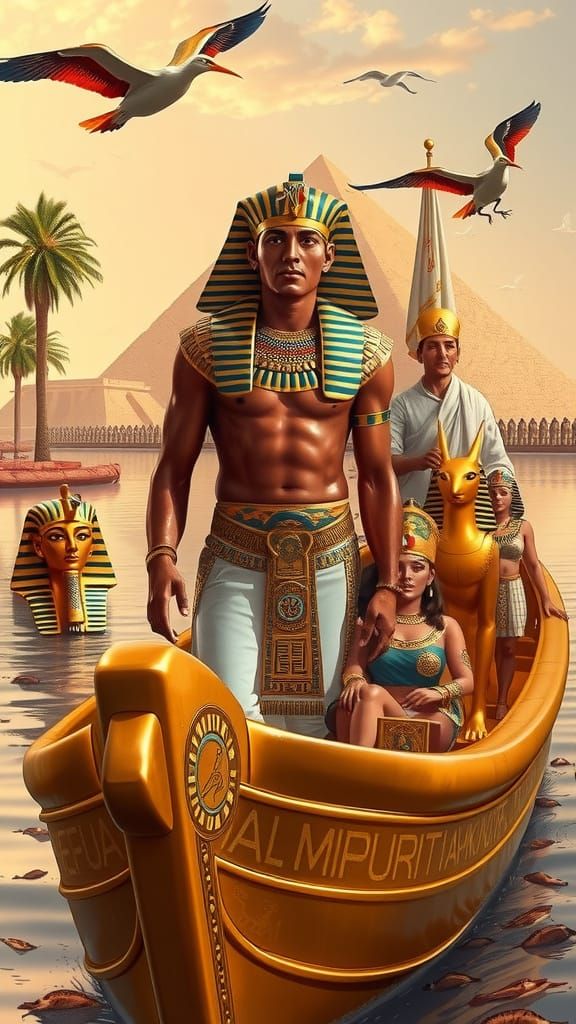 Ancient Egyptian Pharaoh on Golden Royal Barge in Regal Sple...