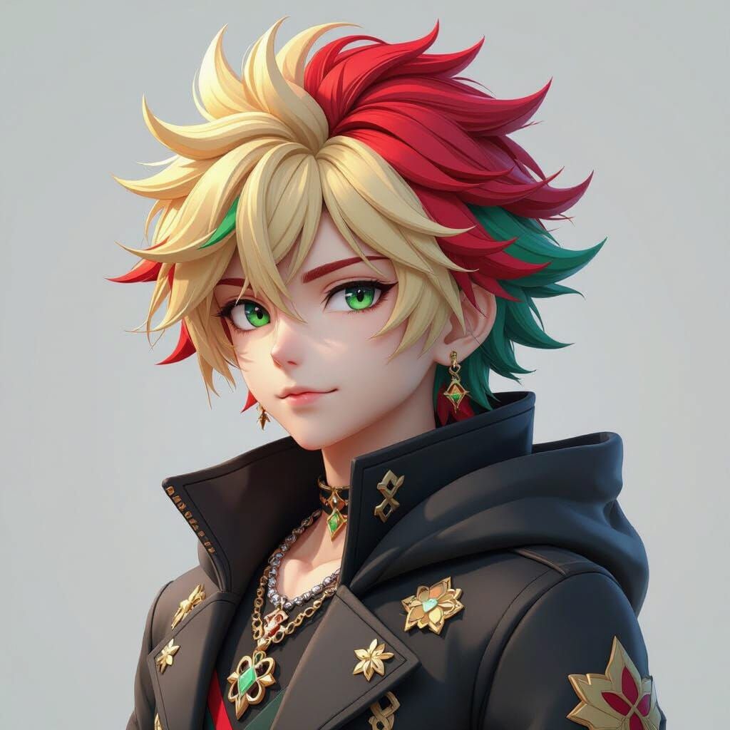 Anime Boy with Blond, Red, and Green Hair