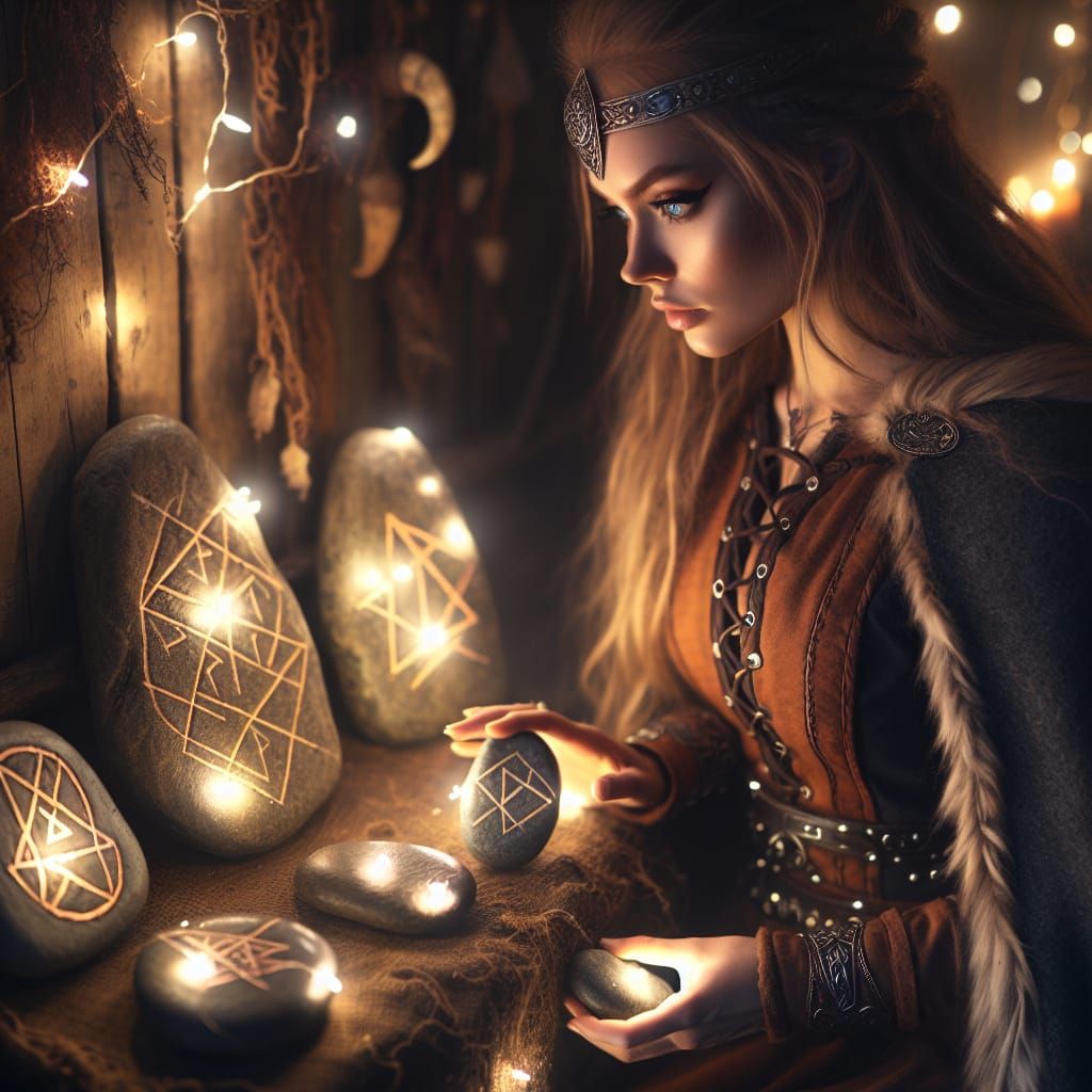 Viking Seeress Contemplates Glowing Rune Stones
