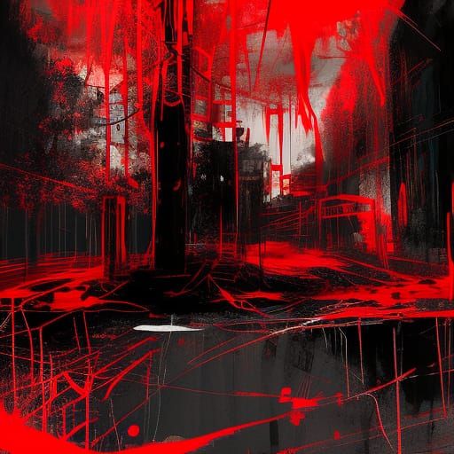 Terrifying Horror Scene in Black and Neon Red