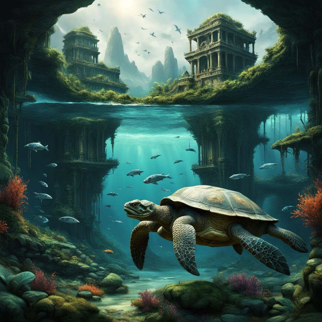 Moss Turtle Submerged City in Bioluminescent Jungle