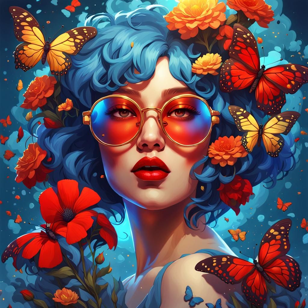 Woman with Flowers and Butterflies, Digital Art